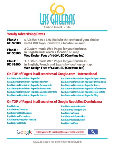 Advertising Online in Las Galeras with the website GO Las Galeras, Page #1 in all Google Searches.